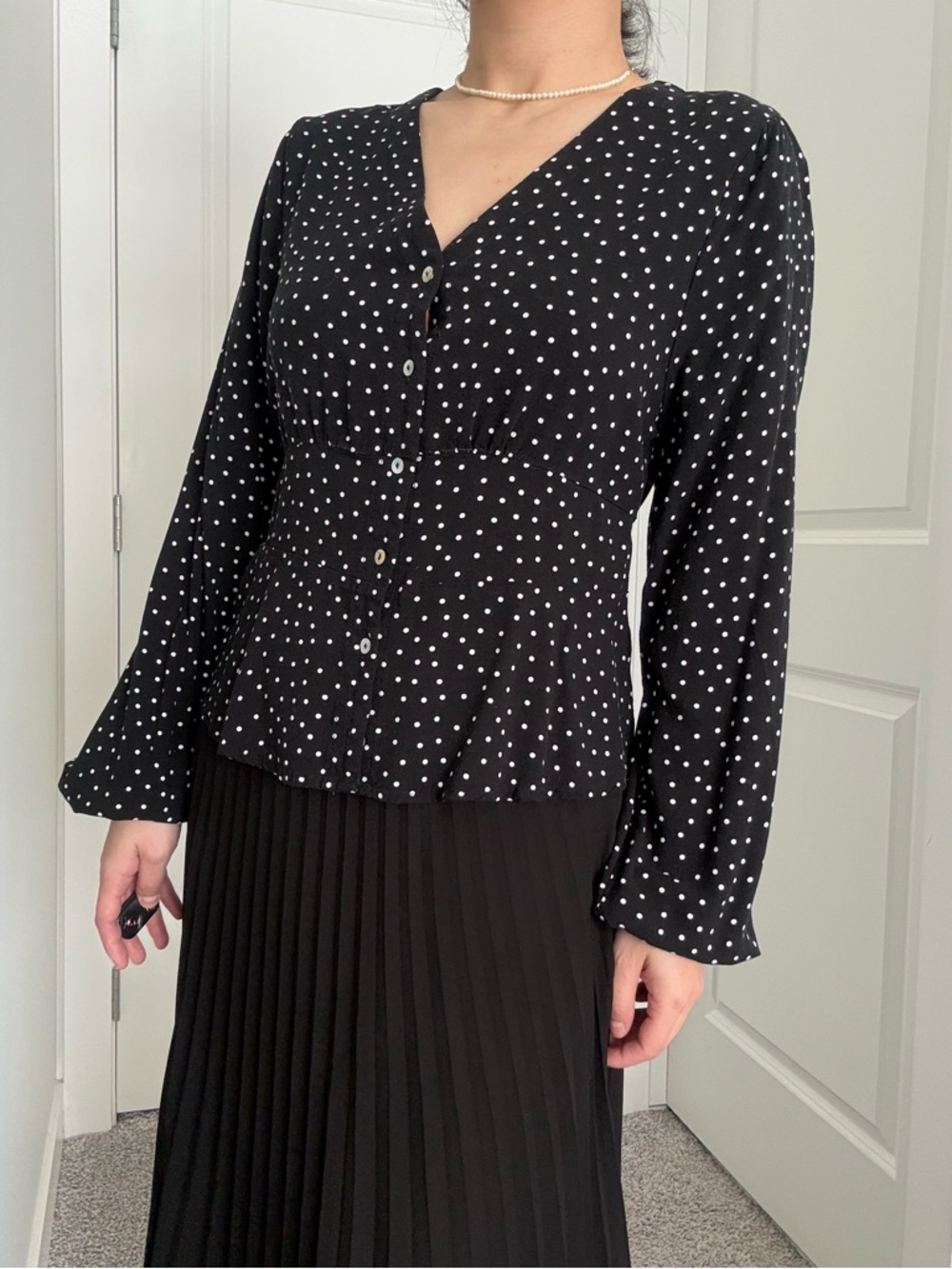 ICONE by Simons Black Polka Dot V-Neck Button Front Blouse & Pleated Skirt Set